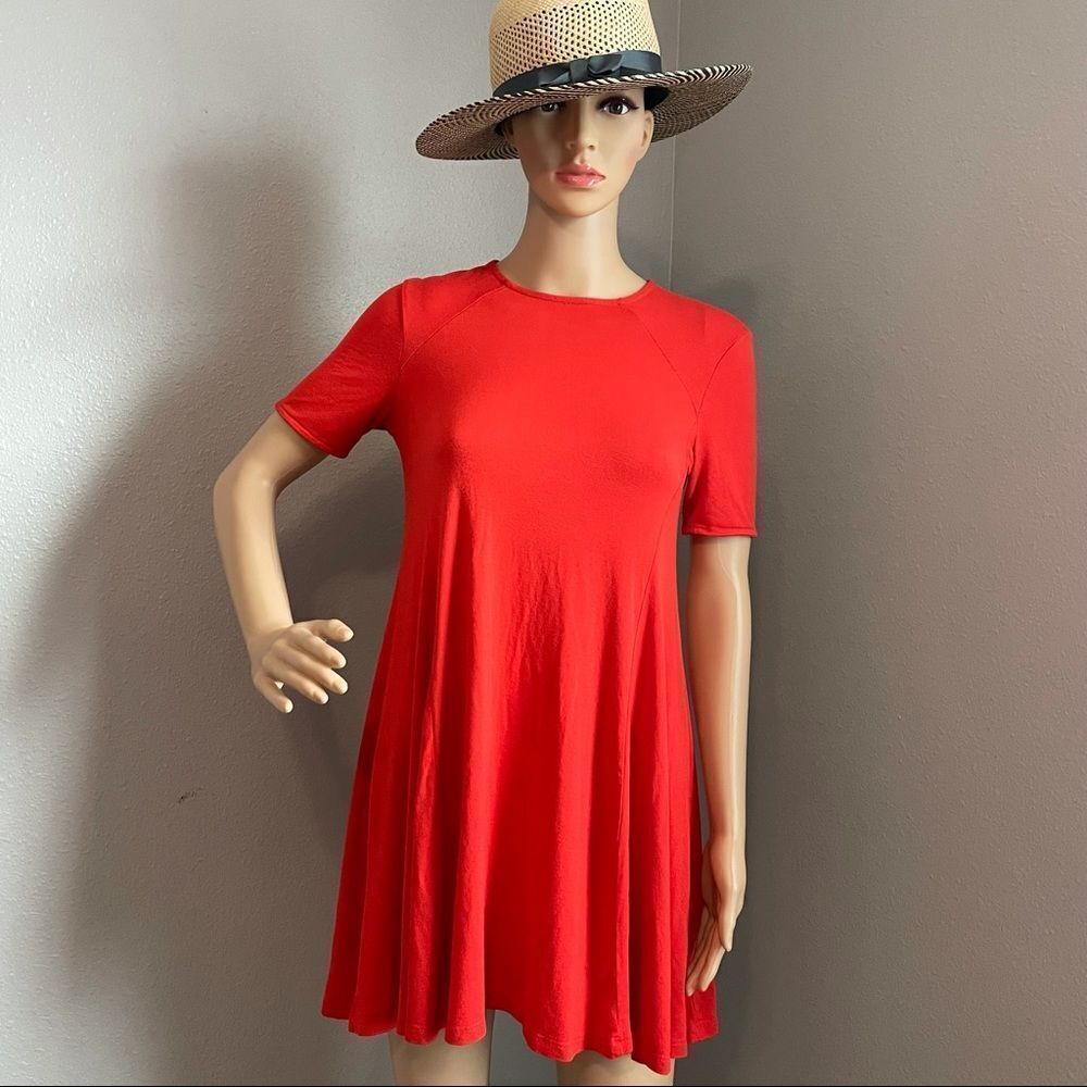 Zara Trafaluc Short Sleeve Zipper Back Flare Mini Dress Orange Small